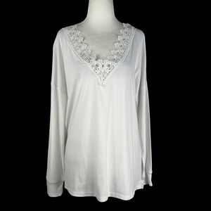 V-NECK‎ EYELASH LACE TRIM WOMEN'S LONG SLEEVED TUNIC/TOP